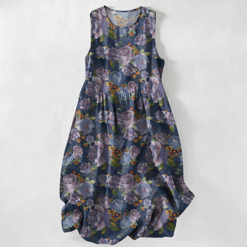 Buddha Stones Letnia, swobodna, damska sukienka midi bez rękawów z kieszeniami w stylu vintage z motywem róż - Marynarka wojenna - US16, UK/AU20, EU48 (3XL) - image 0