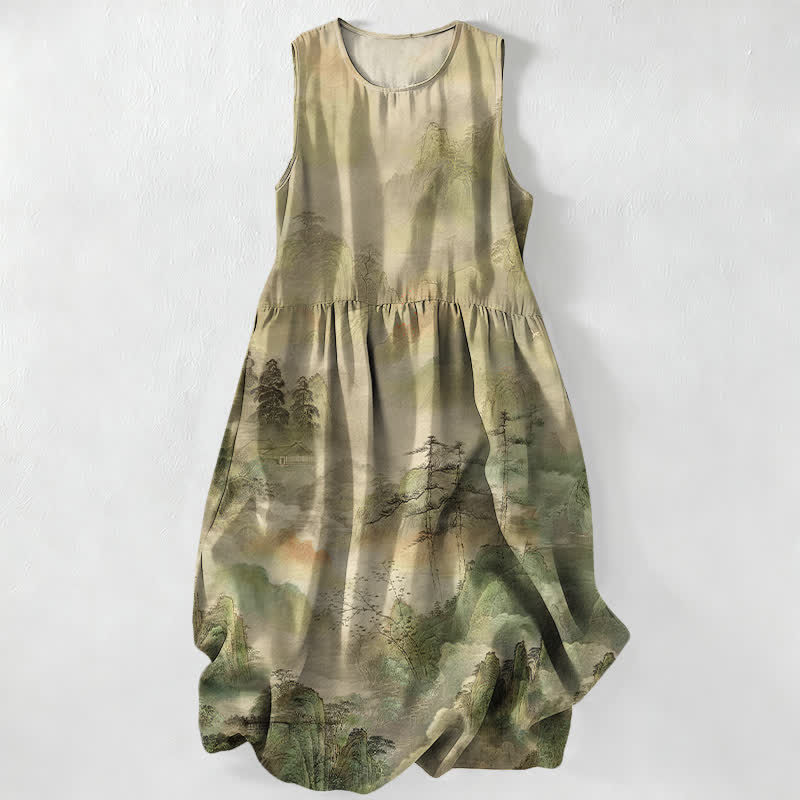 Buddha Stones Letnia, swobodna, damska sukienka midi bez rękawów z kieszeniami i wzorem w atramentowy krajobraz - Khaki - US16, UK/AU20, EU48 (3XL) - image 0