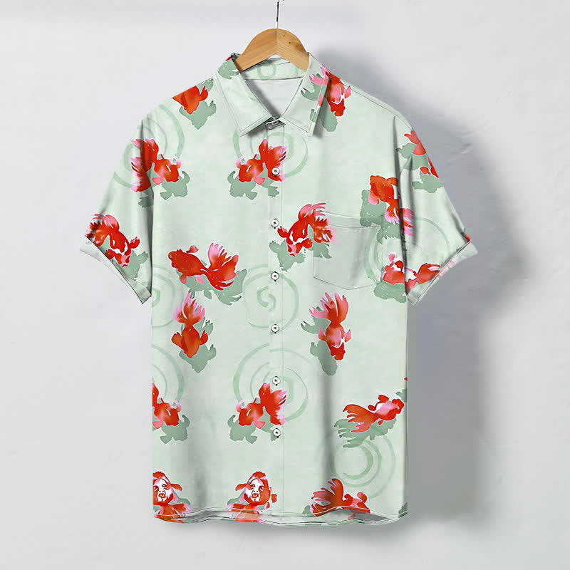 Buddha Stones Koszula męska z krótkim rękawem, odporna na zagniecenia, z nadrukiem ryby Koi i falowanymi guzikami - MintCream - US/UK/AU48， EU58 (4XL) - image 3