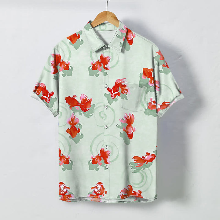 Buddha Stones Koszula męska z krótkim rękawem, odporna na zagniecenia, z nadrukiem ryby Koi i falowanymi guzikami - MintCream - US/UK/AU48， EU58 (4XL) - image 3