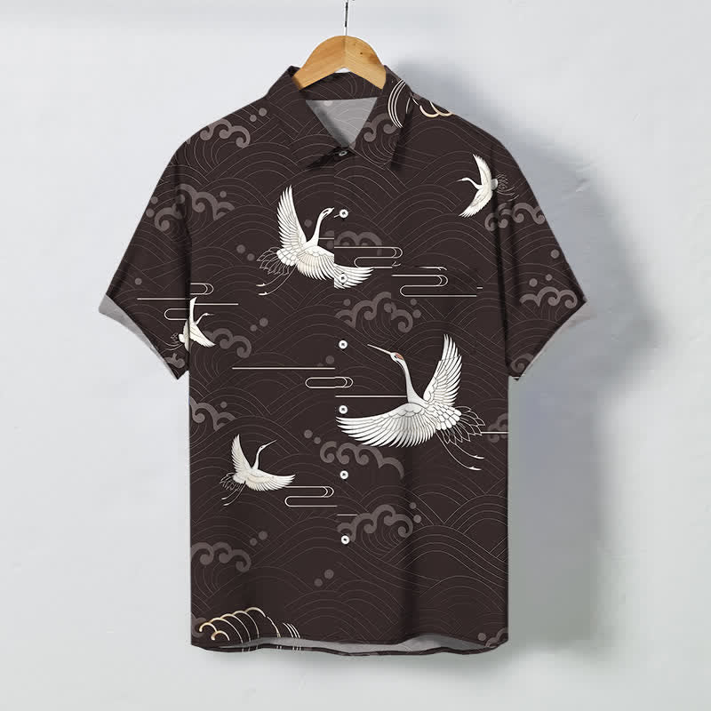 Buddha Stones Koszula męska z krótkim rękawem i oddychającym wzorem Crane Cloud Wave - SaddleBrown - US/UK/AU48， EU58 (4XL) - image 0