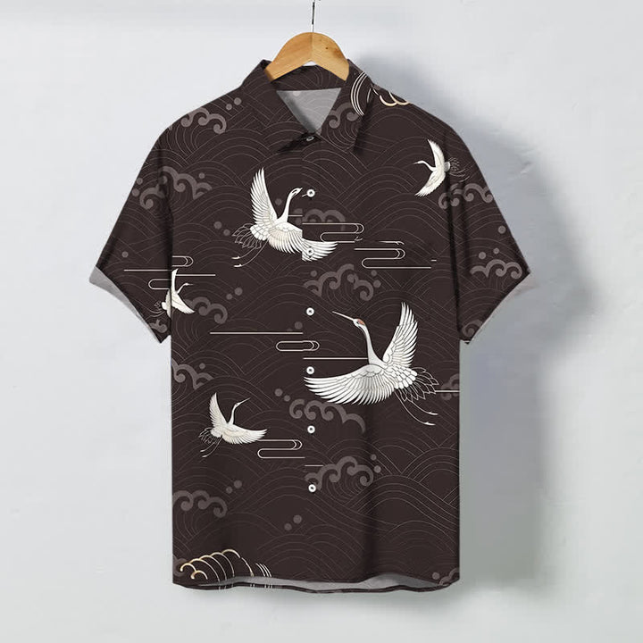 Buddha Stones Koszula męska z krótkim rękawem i oddychającym wzorem Crane Cloud Wave - SaddleBrown - US/UK/AU48， EU58 (4XL) - image 0