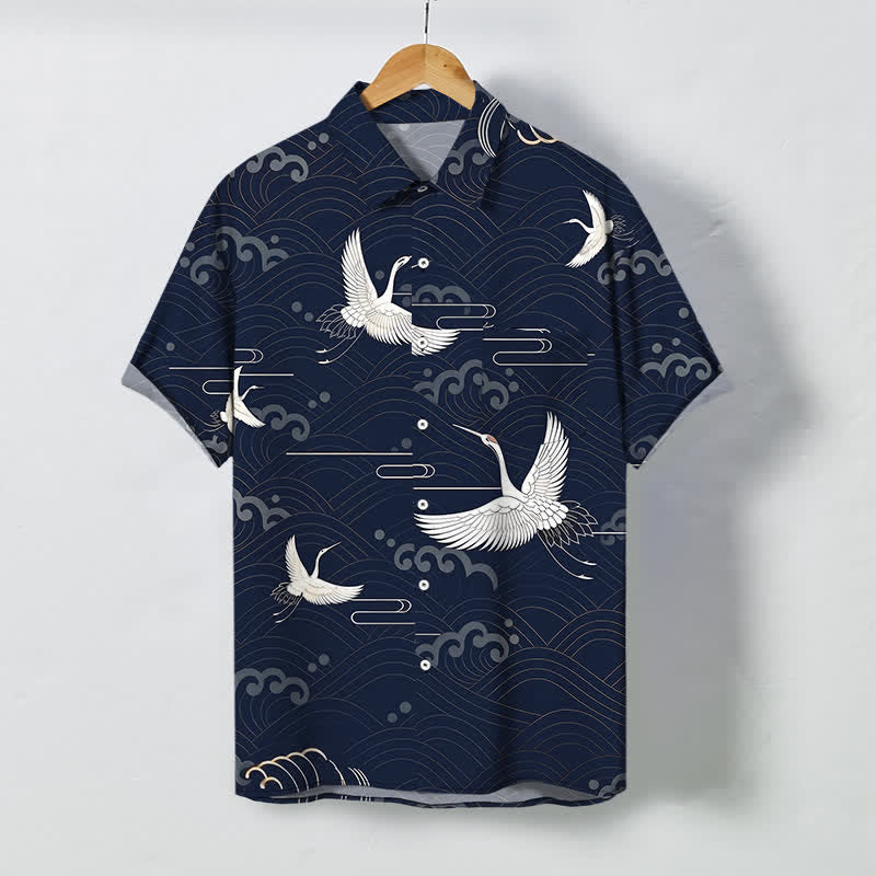 Buddha Stones Koszula męska z krótkim rękawem i oddychającym wzorem Crane Cloud Wave - Marynarka wojenna - US/UK/AU48， EU58 (4XL) - image 10