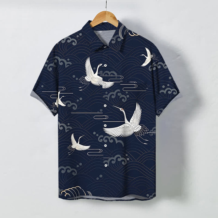 Buddha Stones Koszula męska z krótkim rękawem i oddychającym wzorem Crane Cloud Wave - Marynarka wojenna - US/UK/AU48， EU58 (4XL) - image 10