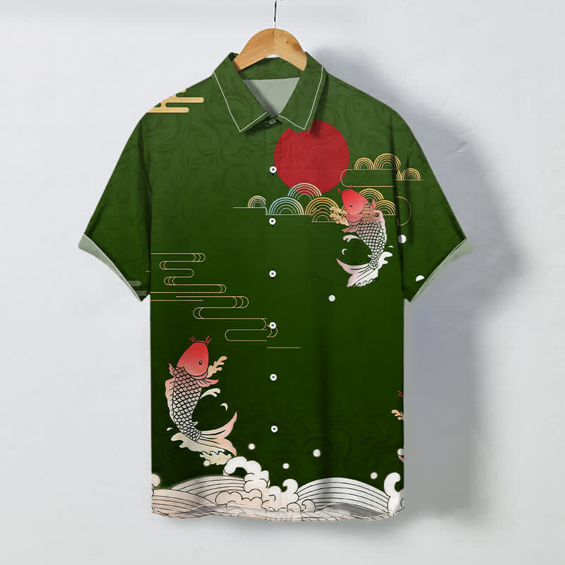Buddha Stones Koszula męska z krótkim rękawem, oddychająca, z motywem fali czerwonego karpia Koi i wzorem słońca - ForestGreen - US/UK/AU48， EU58 (4XL) - image 6