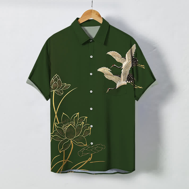 Buddha Stones Koszula męska z krótkim rękawem i oddychającym wzorem w kształcie żurawia i lotosu - ForestGreen - US/UK/AU48， EU58 (4XL) - image 10