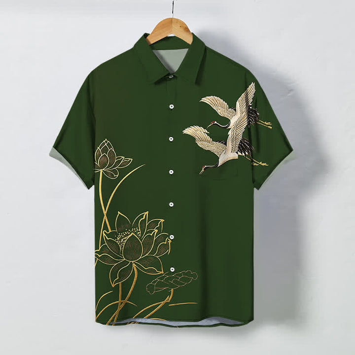 Buddha Stones Koszula męska z krótkim rękawem i oddychającym wzorem w kształcie żurawia i lotosu - ForestGreen - US/UK/AU48， EU58 (4XL) - image 10