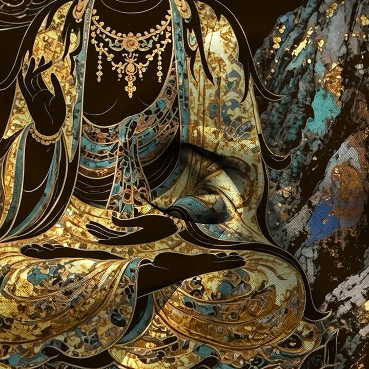 Buddha Stones Koszula męska z krótkim rękawem, odporna na zagniecenia, z guzikami w kształcie chmurki Buddy w kolorze złotym - image 4