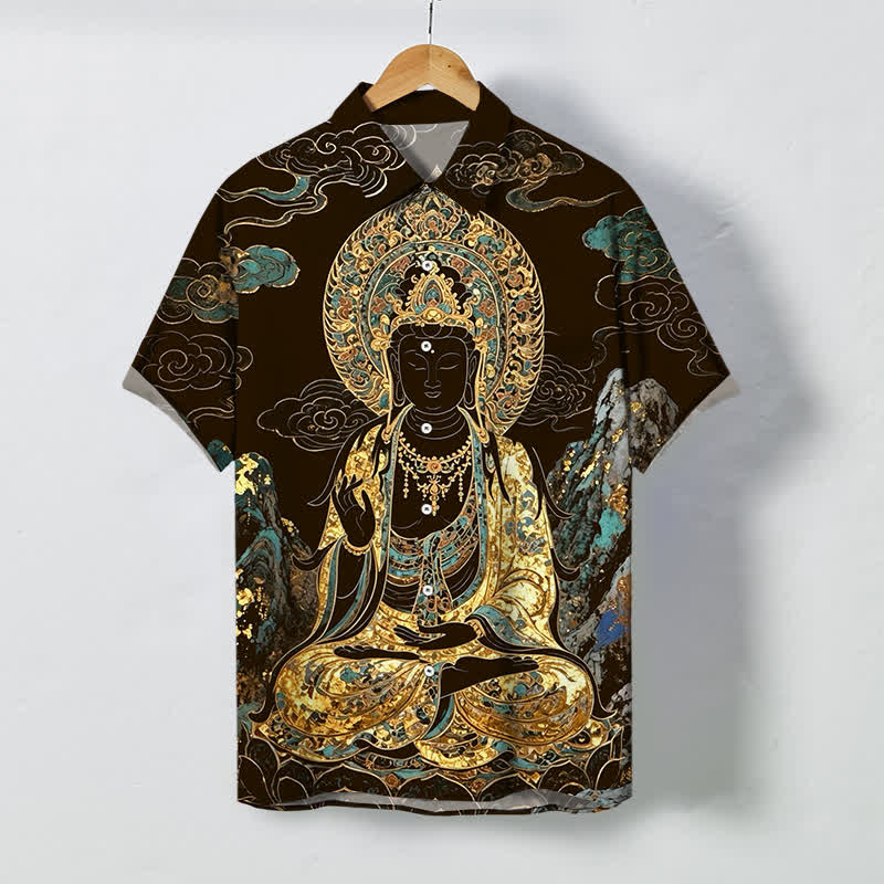 Buddha Stones Koszula męska z krótkim rękawem, odporna na zagniecenia, z guzikami w kształcie chmurki Buddy w kolorze złotym - SaddleBrown - US/UK/AU48， EU58 (4XL) - image 0