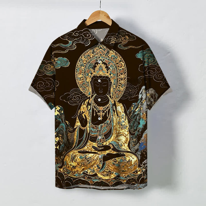 Buddha Stones Koszula męska z krótkim rękawem, odporna na zagniecenia, z guzikami w kształcie chmurki Buddy w kolorze złotym - SaddleBrown - US/UK/AU48， EU58 (4XL) - image 0