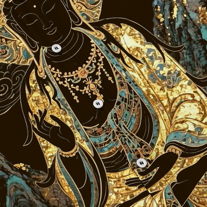 Buddha Stones Koszula męska z krótkim rękawem, odporna na zagniecenia, z guzikami w kształcie chmurki Buddy w kolorze złotym - image 3