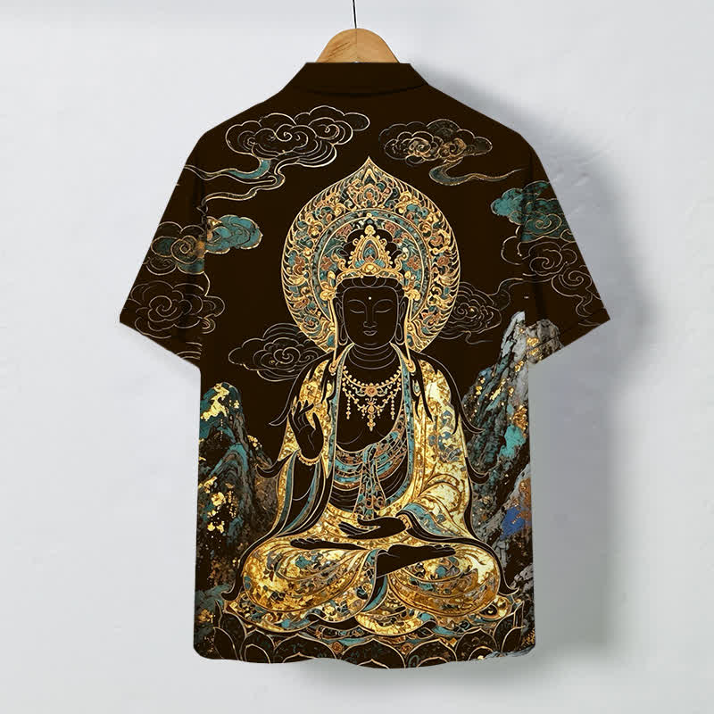 Buddha Stones Koszula męska z krótkim rękawem, odporna na zagniecenia, z guzikami w kształcie chmurki Buddy w kolorze złotym - image 1