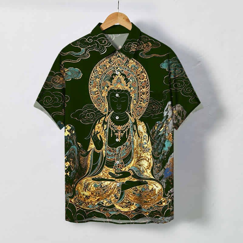 Buddha Stones Koszula męska z krótkim rękawem, odporna na zagniecenia, z guzikami w kształcie chmurki Buddy w kolorze złotym - Ciemnozielony - US/UK/AU48， EU58 (4XL) - image 5