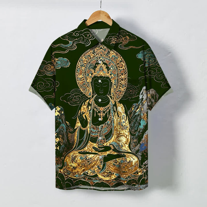 Buddha Stones Koszula męska z krótkim rękawem, odporna na zagniecenia, z guzikami w kształcie chmurki Buddy w kolorze złotym - Ciemnozielony - US/UK/AU48， EU58 (4XL) - image 5