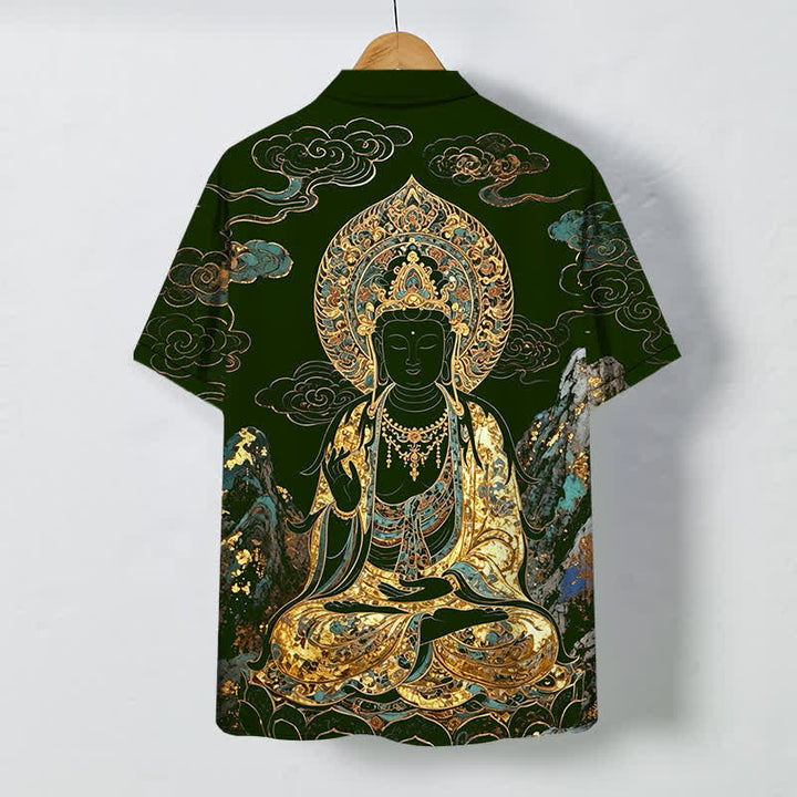 Buddha Stones Koszula męska z krótkim rękawem, odporna na zagniecenia, z guzikami w kształcie chmurki Buddy w kolorze złotym - image 6