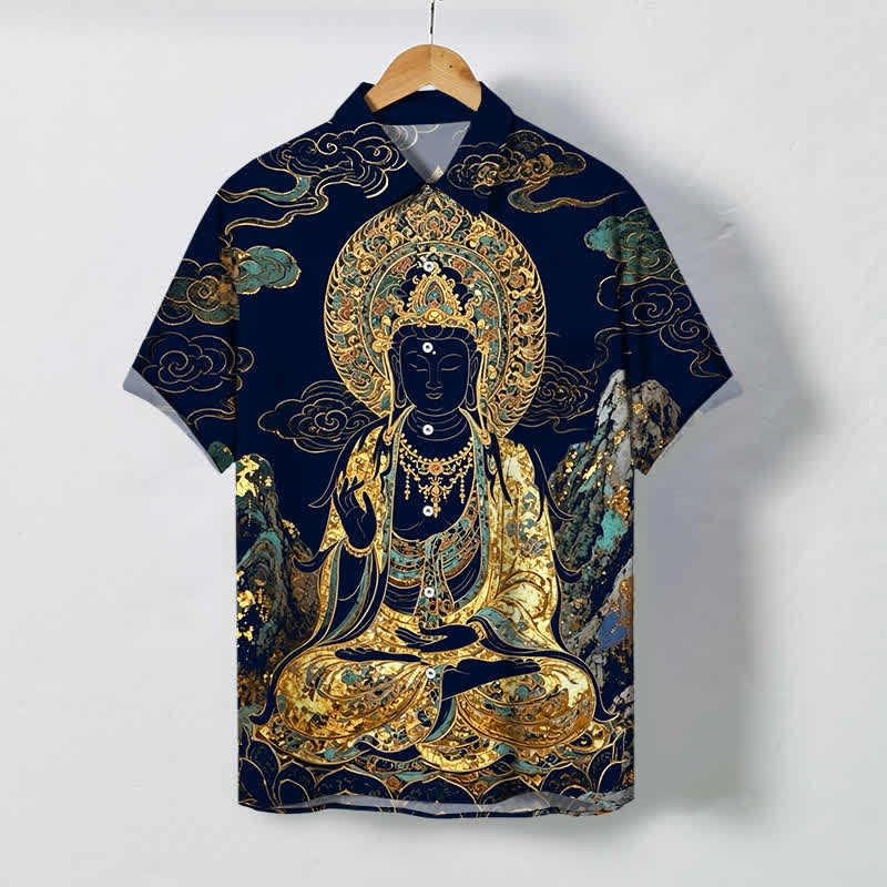 Buddha Stones Koszula męska z krótkim rękawem, odporna na zagniecenia, z guzikami w kształcie chmurki Buddy w kolorze złotym - MidnightBlue - US/UK/AU48， EU58 (4XL) - image 10