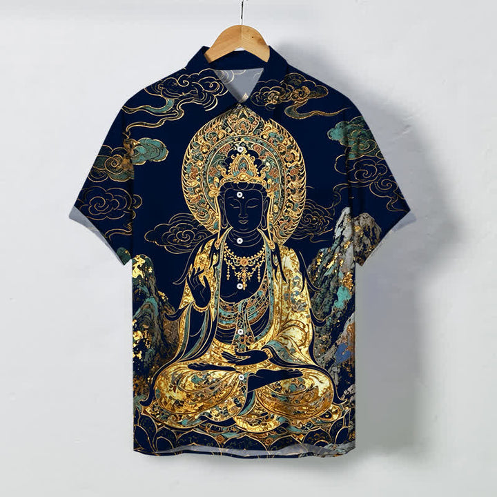 Buddha Stones Koszula męska z krótkim rękawem, odporna na zagniecenia, z guzikami w kształcie chmurki Buddy w kolorze złotym - MidnightBlue - US/UK/AU48， EU58 (4XL) - image 10