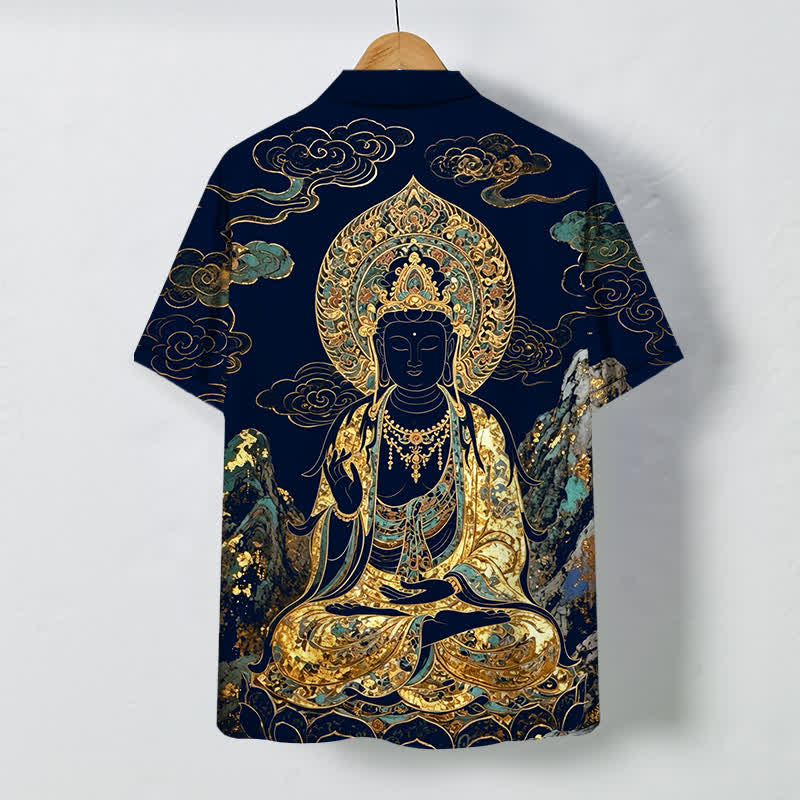Buddha Stones Koszula męska z krótkim rękawem, odporna na zagniecenia, z guzikami w kształcie chmurki Buddy w kolorze złotym - image 11