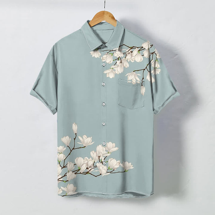 Buddha Stones Biała koszula męska z krótkim rękawem i guzikami w kwiatowy wzór magnolii, odporna na zagniecenia - PowderBlue - US/UK/AU48， EU58 (4XL) - image 0