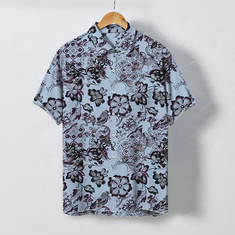 Buddha Stones Koszula męska z krótkim rękawem, odporna na zagniecenia, z tropikalnym kwiatowym wzorem liści i guzikami - Jasnoniebieski - US/UK/AU48， EU58 (4XL) - image 3