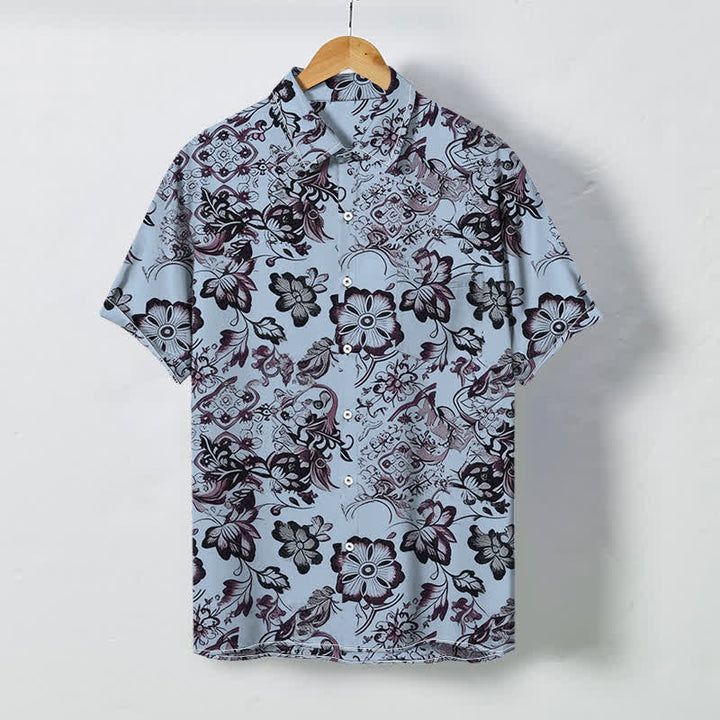 Buddha Stones Koszula męska z krótkim rękawem, odporna na zagniecenia, z tropikalnym kwiatowym wzorem liści i guzikami - Jasnoniebieski - US/UK/AU48， EU58 (4XL) - image 3