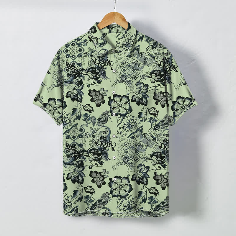 Buddha Stones Koszula męska z krótkim rękawem, odporna na zagniecenia, z tropikalnym kwiatowym wzorem liści i guzikami - PaleGreen - US/UK/AU48， EU58 (4XL) - image 6