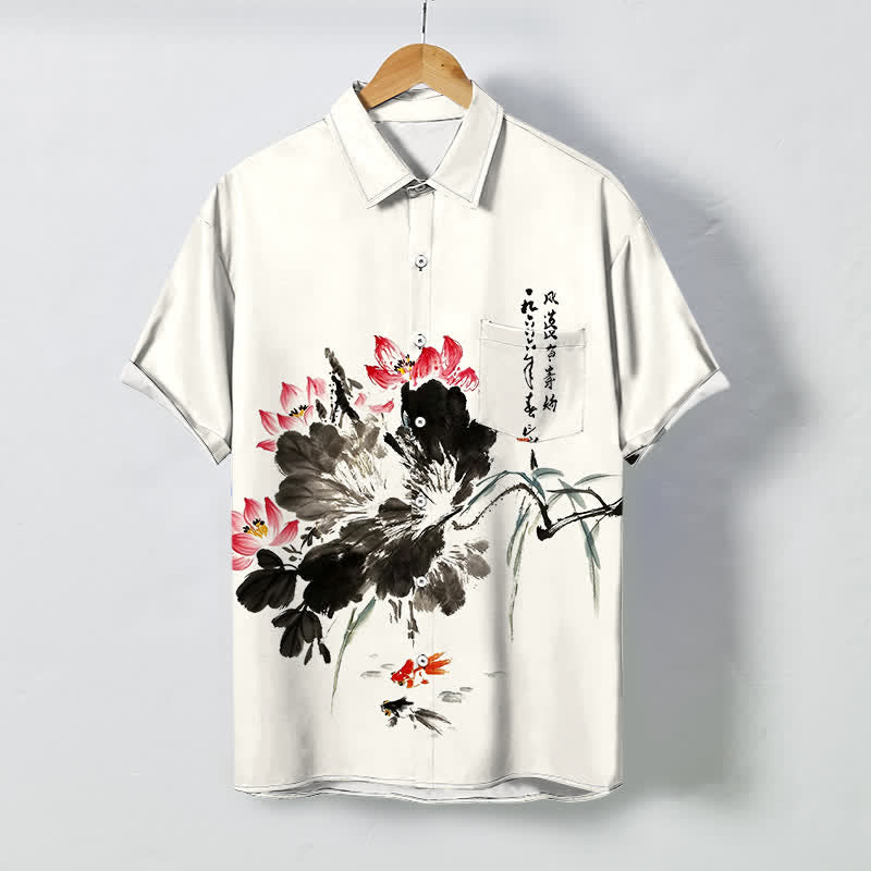 Buddha Stones Koszula męska z krótkim rękawem, oddychająca, z nadrukiem ryby Koi i guzikami Ink Lotus - Kość słoniowa - US/UK/AU48， EU58 (4XL) - image 0