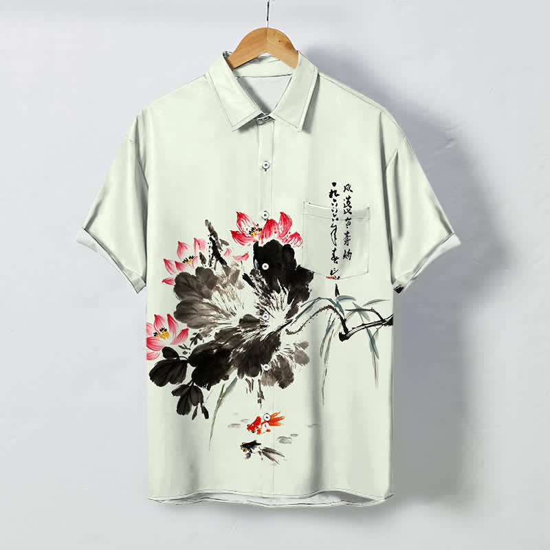 Buddha Stones Koszula męska z krótkim rękawem, oddychająca, z nadrukiem ryby Koi i guzikami Ink Lotus - MintCream - US/UK/AU48， EU58 (4XL) - image 3