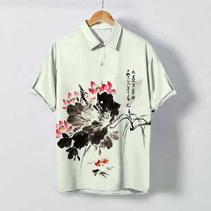 Buddha Stones Koszula męska z krótkim rękawem, oddychająca, z nadrukiem ryby Koi i guzikami Ink Lotus - MintCream - US/UK/AU48， EU58 (4XL) - image 3