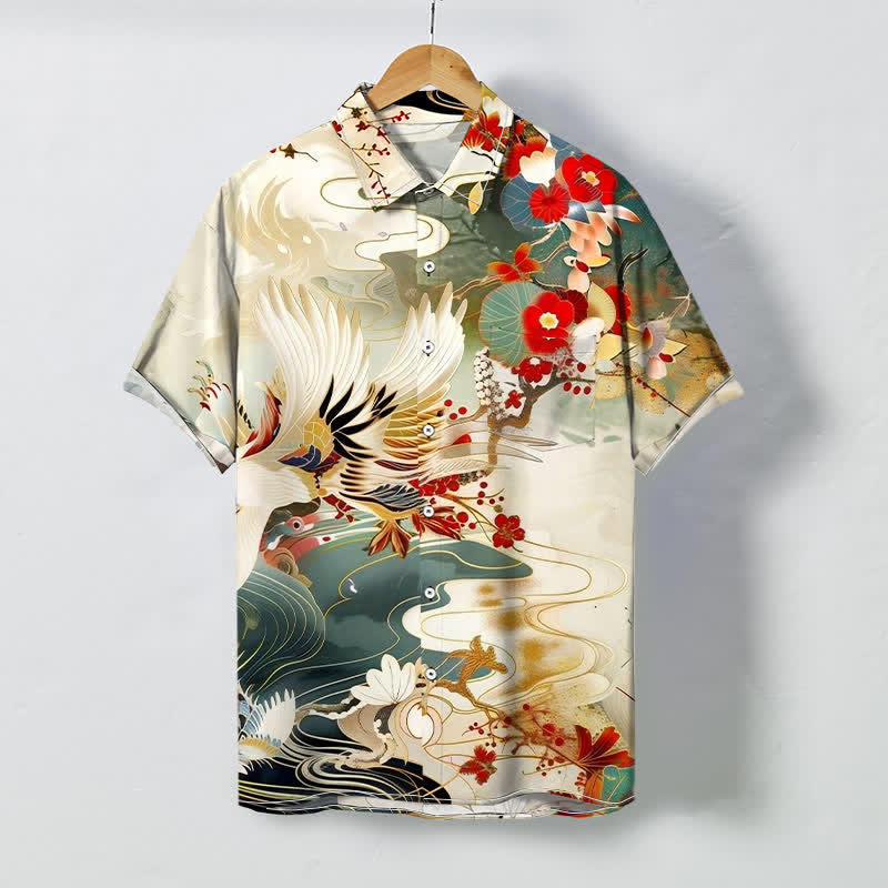 Buddha Stones Koszula męska z krótkim rękawem, oddychająca, z falami żurawia i kwiatowym wzorem - Bielizna - US/UK/AU48， EU58 (4XL) - image 0