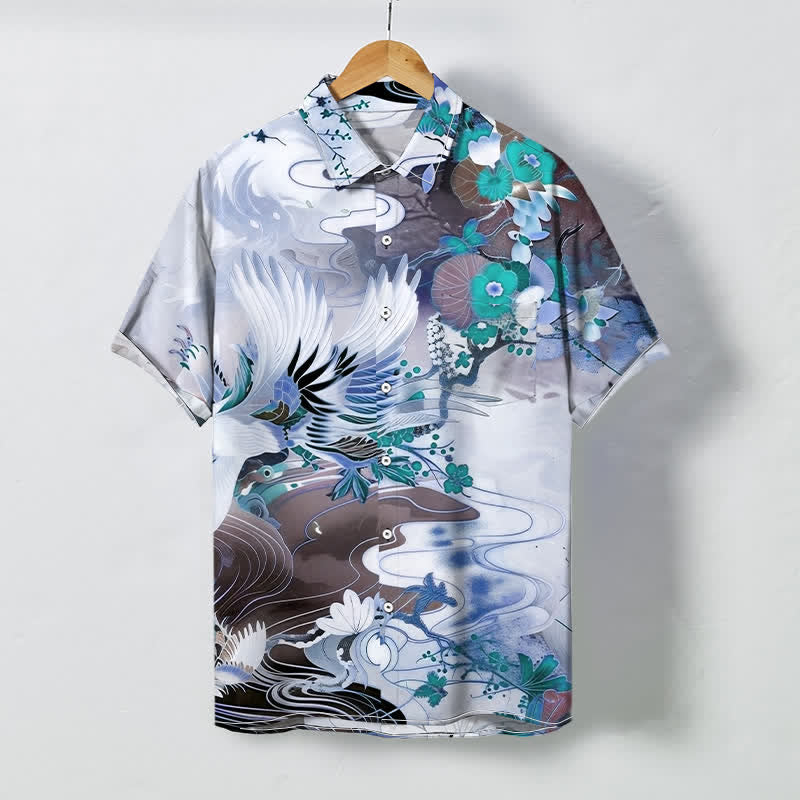 Buddha Stones Koszula męska z krótkim rękawem, oddychająca, z falami żurawia i kwiatowym wzorem - Jasnoniebieski - US/UK/AU48， EU58 (4XL) - image 3