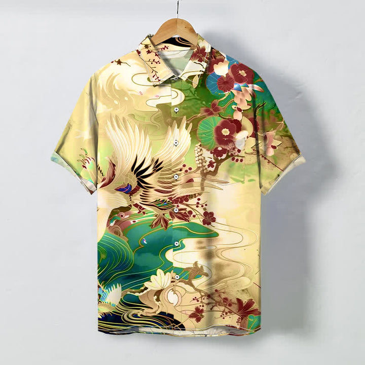 Buddha Stones Koszula męska z krótkim rękawem, oddychająca, z falami żurawia i kwiatowym wzorem - Jedwab kukurydziany - US/UK/AU48， EU58 (4XL) - image 6