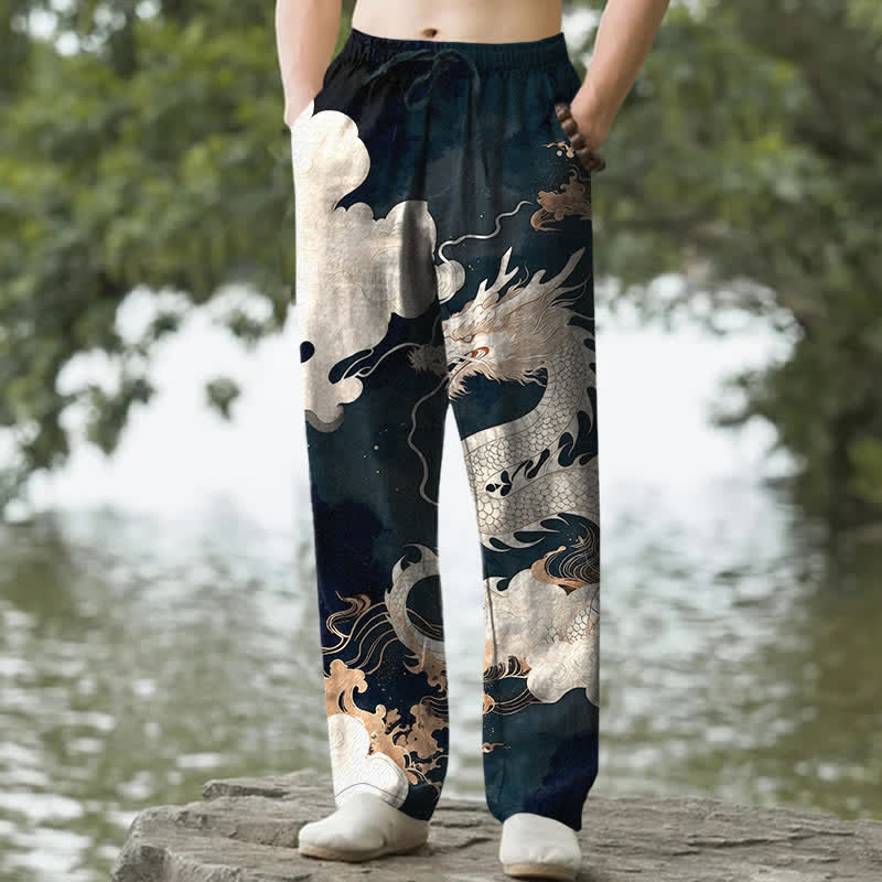 Buddha Stones Spodnie męskie zwężane z kieszeniami i wzorem w chmurki z bawełny Dragon - Cyraneczka - US/UK/AU50, EU60 (5XL) - image 0