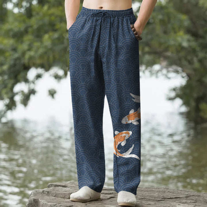 Buddha Stones Spodnie męskie zwężane z bawełny z motywem fali koi i kieszeniami - Marynarka wojenna - US/UK/AU50, EU60 (5XL) - image 0