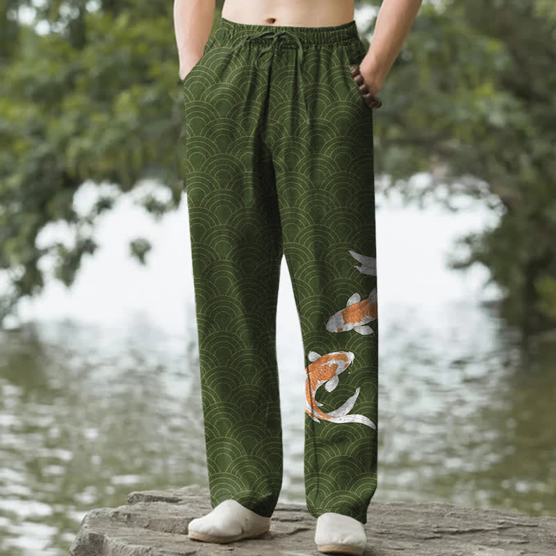 Buddha Stones Spodnie męskie zwężane z bawełny z motywem fali koi i kieszeniami - ForestGreen - US/UK/AU50, EU60 (5XL) - image 6