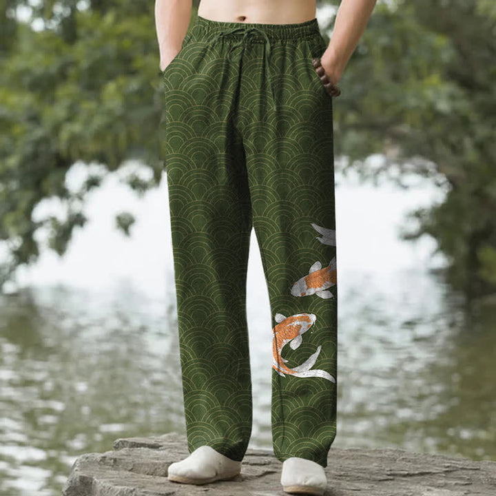 Buddha Stones Spodnie męskie zwężane z bawełny z motywem fali koi i kieszeniami - ForestGreen - US/UK/AU50, EU60 (5XL) - image 6