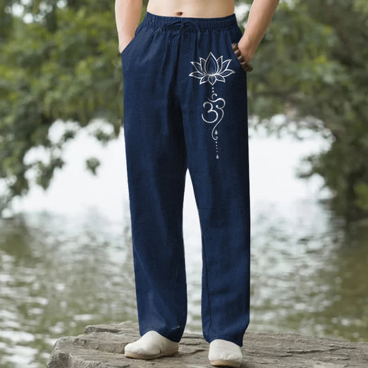 Buddha Stones Spodnie męskie zwężane z kieszeniami i wzorem Lotus Om Cotton Lotus - Marynarka wojenna - US/UK/AU50, EU60 (5XL) - image 0