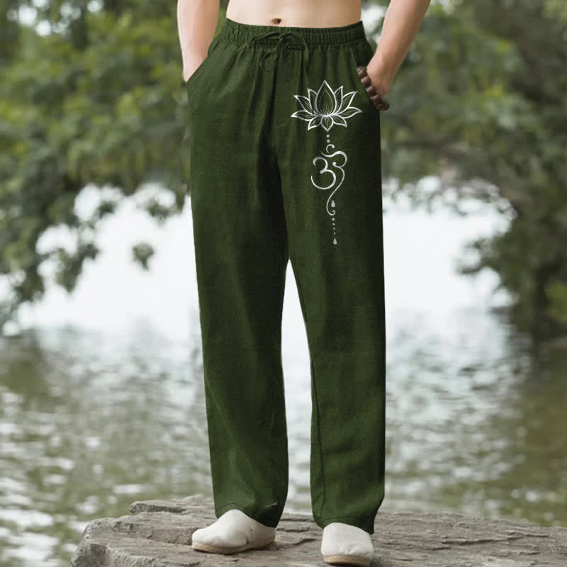 Buddha Stones Spodnie męskie zwężane z kieszeniami i wzorem Lotus Om Cotton Lotus - DarkOliveGreen - US/UK/AU50, EU60 (5XL) - image 4