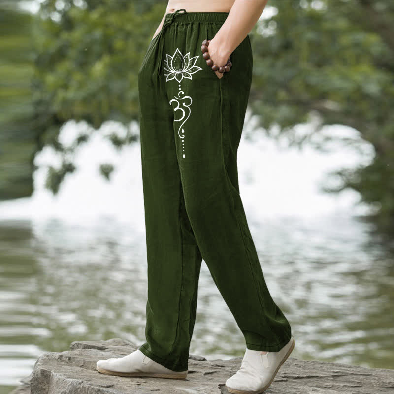 Buddha Stones Spodnie męskie zwężane z kieszeniami i wzorem Lotus Om Cotton Lotus - image 5