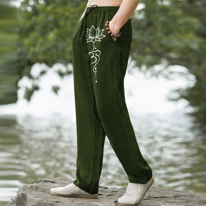 Buddha Stones Spodnie męskie zwężane z kieszeniami i wzorem Lotus Om Cotton Lotus - image 5