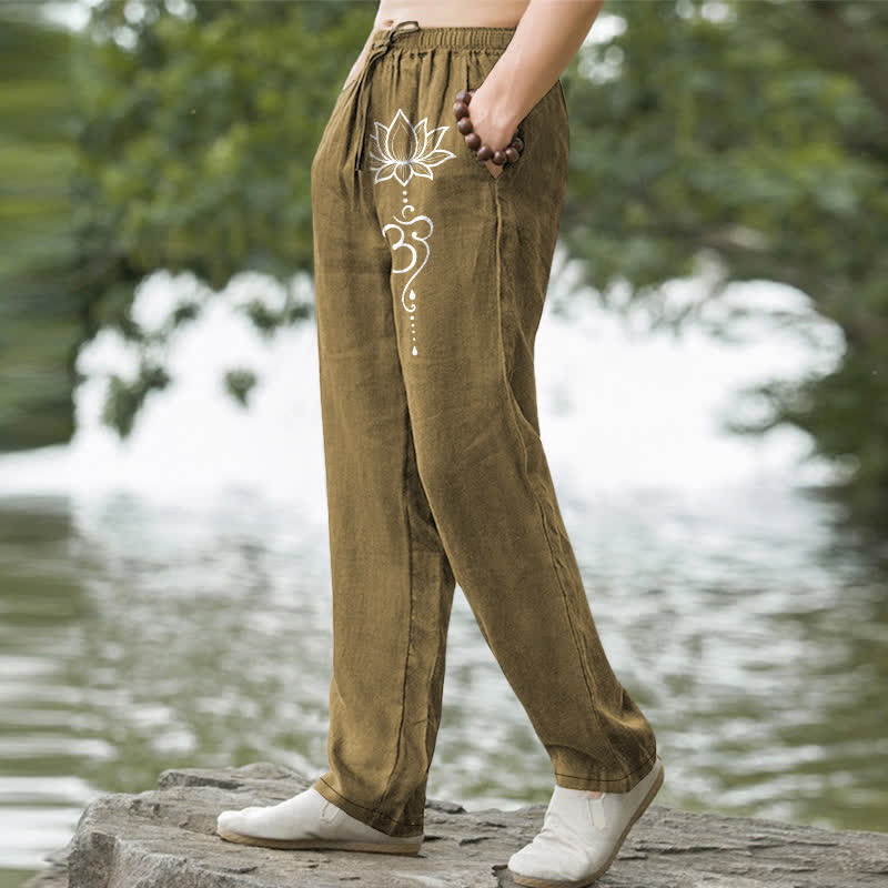 Buddha Stones Spodnie męskie zwężane z kieszeniami i wzorem Lotus Om Cotton Lotus - image 7