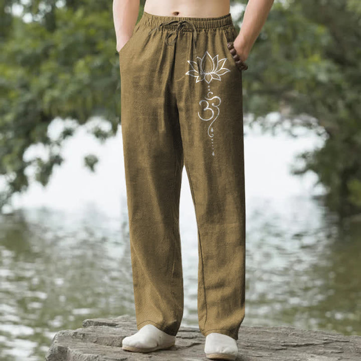 Buddha Stones Spodnie męskie zwężane z kieszeniami i wzorem Lotus Om Cotton Lotus - DarkGoldenrod - US/UK/AU50, EU60 (5XL) - image 6