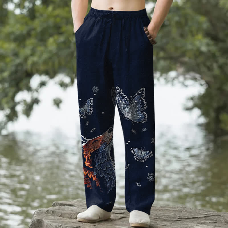 Buddha Stones Spodnie męskie zwężane z bawełny z motywem motyla i lisa, z kieszeniami - Marynarka wojenna - US/UK/AU50, EU60 (5XL) - image 4