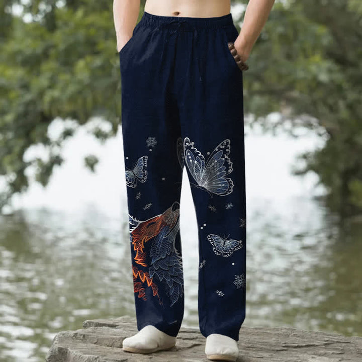 Buddha Stones Spodnie męskie zwężane z bawełny z motywem motyla i lisa, z kieszeniami - Marynarka wojenna - US/UK/AU50, EU60 (5XL) - image 4