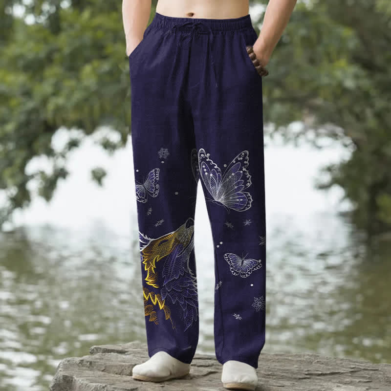 Buddha Stones Spodnie męskie zwężane z bawełny z motywem motyla i lisa, z kieszeniami - MidnightBlue - US/UK/AU50, EU60 (5XL) - image 6