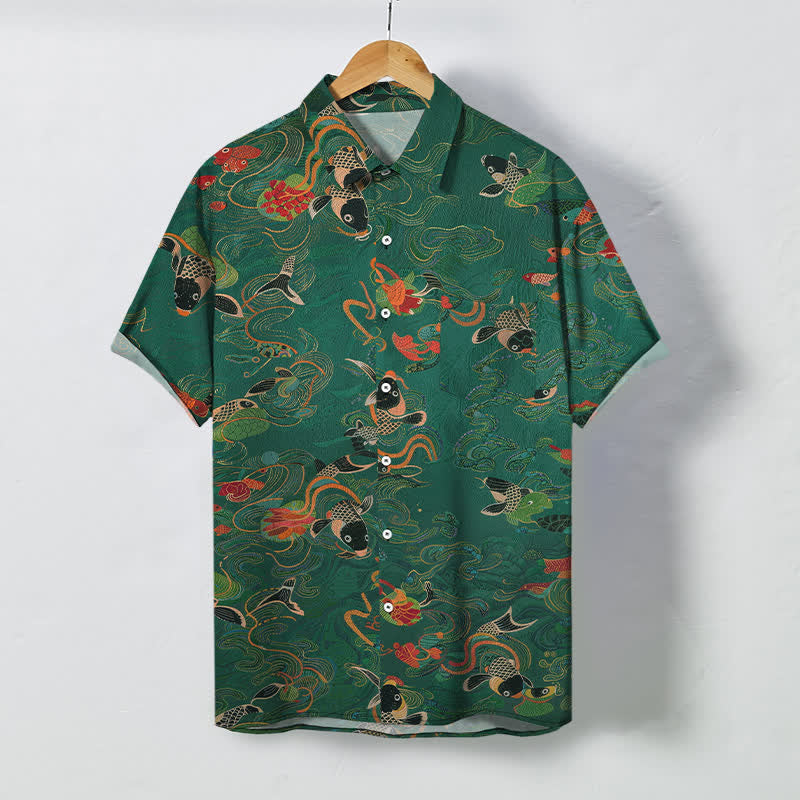 Buddha Stones Koszula męska z krótkim rękawem, oddychająca, z nadrukiem Koi Fish Wave Clouds i guzikami - SeaGreen - US/UK/AU48， EU58 (4XL) - image 0