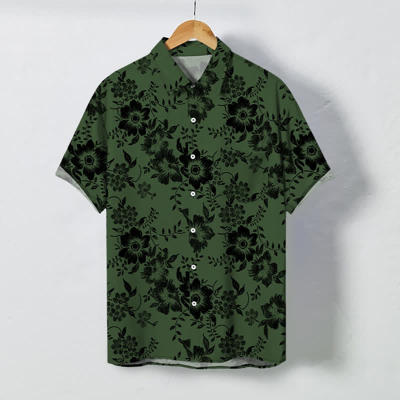 Buddha Stones Koszula męska z krótkim rękawem, czarna, z kwiatowym wzorem i guzikami, odporna na zagniecenia - Ciemnozielony - US/UK/AU48， EU58 (4XL) - image 5