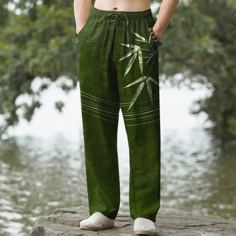 Buddha Stones Spodnie męskie zwężane z bawełny z wzorem liści bambusa i kieszeniami - ForestGreen - US/UK/AU50, EU60 (5XL) - image 0