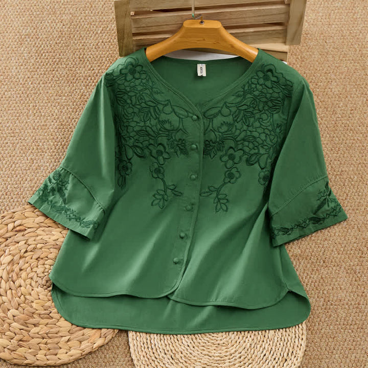 Buddha Stones Letnie koszule damskie w stylu vintage z haftowanym dekoltem w serek i kwiatowym wzorem, zapinane na guziki i z rękawami do łokcia - ForestGreen - US8-10，UK/AU12-14，EU40-42 (2XL) - image 0