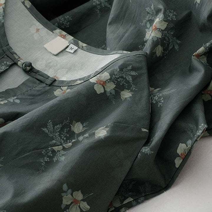 Buddha Stones Letnie sukienki damskie z krótkim rękawem i kieszenią, w stylu vintage, ze ściągaczem i szarymi kwiatami - image 5